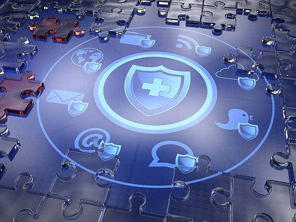 Puzzle pieces removed to reveal medical cyber security icons.