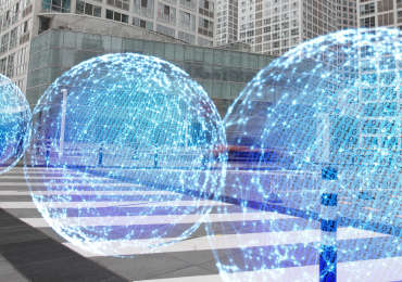 Three technology globes on a city street - Superior Analytics slider.